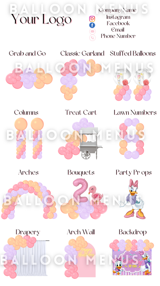 Premade Editable large Balloon Menu (Pink , Purple, Orange)