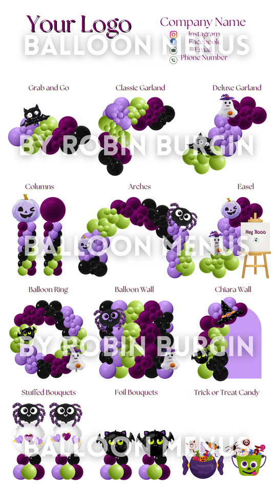 Seasonal Spooky Halloween Balloon Menu Template-Editable (Lime green, Purple and Black)