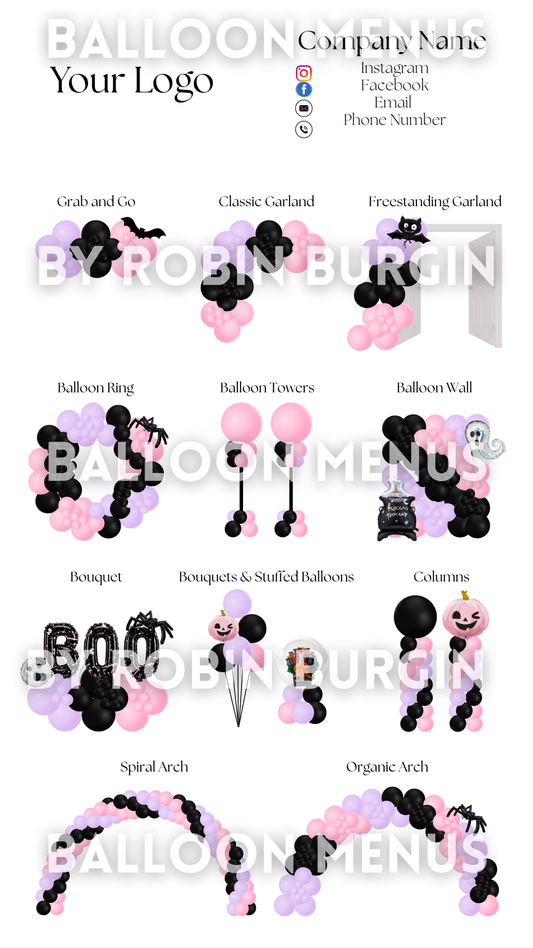 Halloween Balloon Menu Editable Template -Pink, Black and Purple