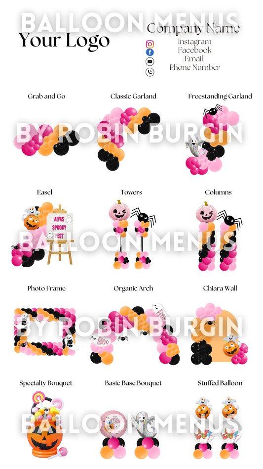 Seasonal Halloween Balloon Menu Template - Editable (Pink , Orange and Black)