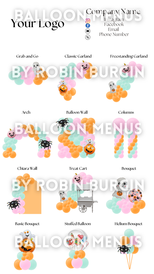 Seasonal Spooky Halloween Balloon Menu Template-Editable (Mint, Pink, Orange)