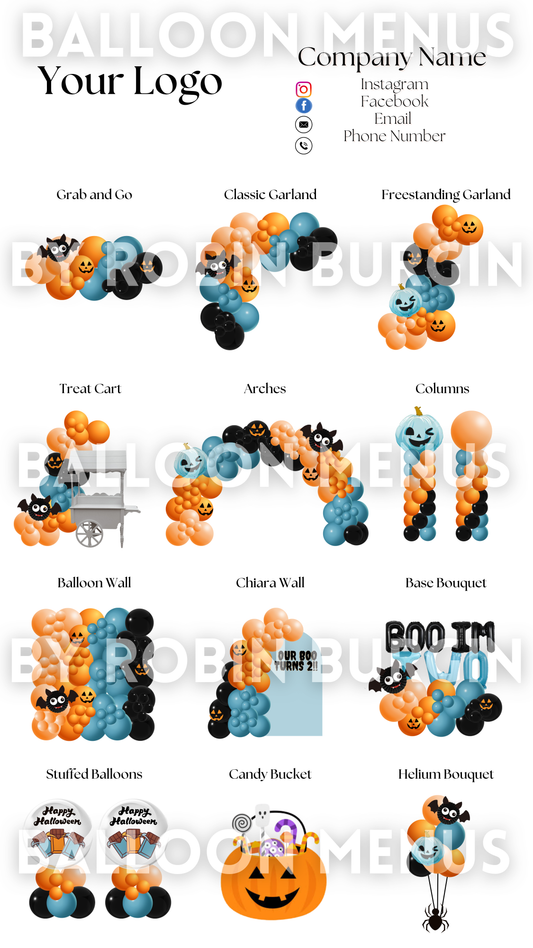 Seasonal Halloween Balloon Menu Template - Editable (Blue , Orange and Black)