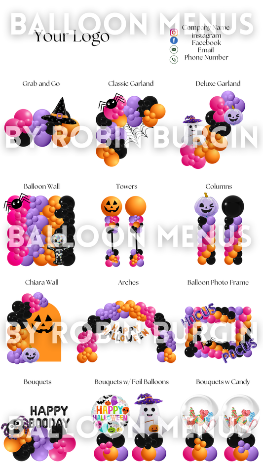 Seasonal Halloween Balloon Menu Template - Editable (Purple , Orange , Hot Pink and Black)
