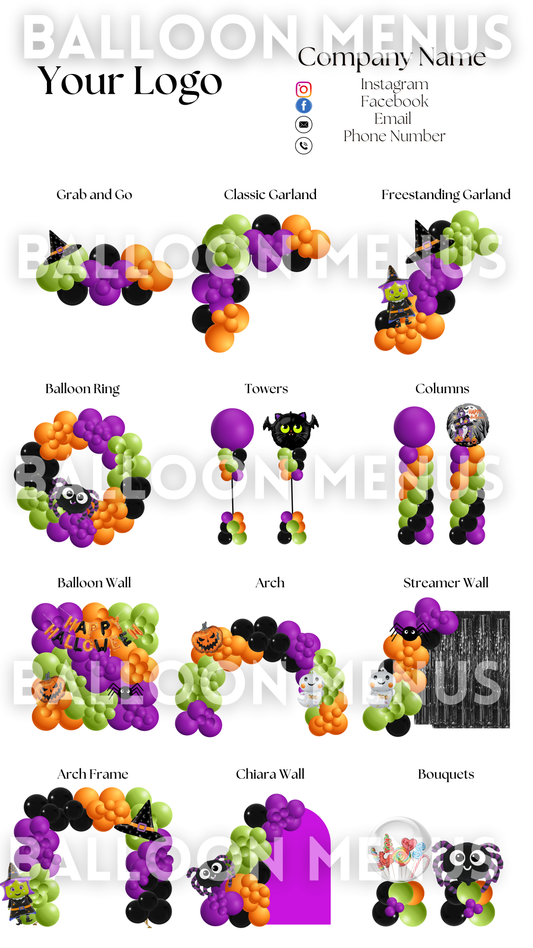 Seasonal Spooky Halloween Balloon Menu Template-Editable (Lime green, Purple, Orange and Black)