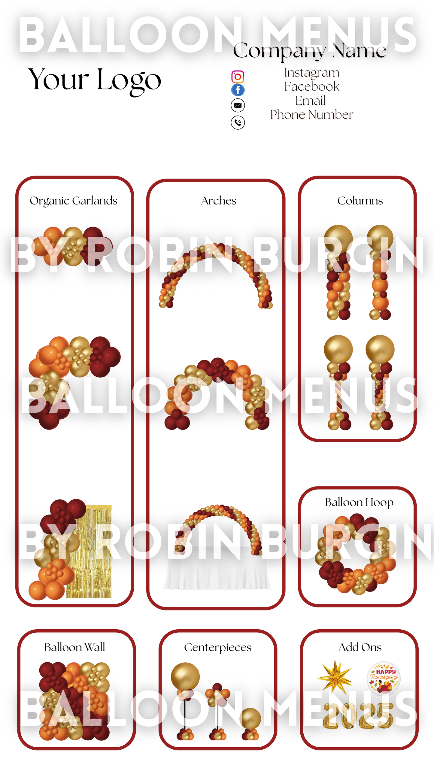 Seasonal Thanksgiving Balloon Menu Template - Editable (Gold, Orange, Burgundy)