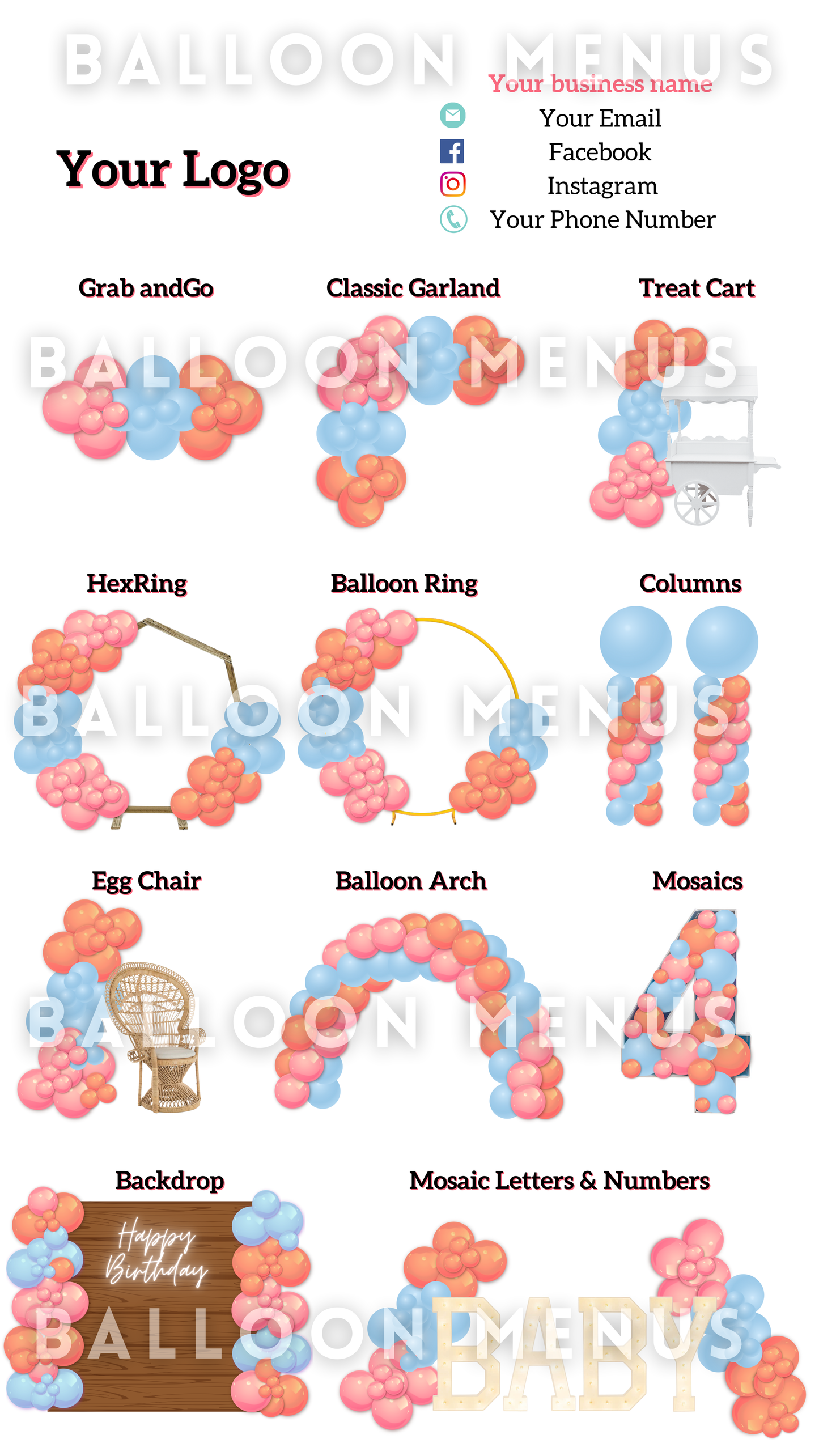 Premade Editable large Balloon Menu (Pink , Coral, Blue)