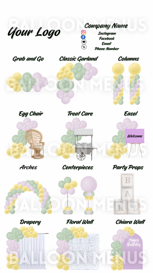 Premade Editable large Balloon Menu ( Purple, Yellow and Green)
