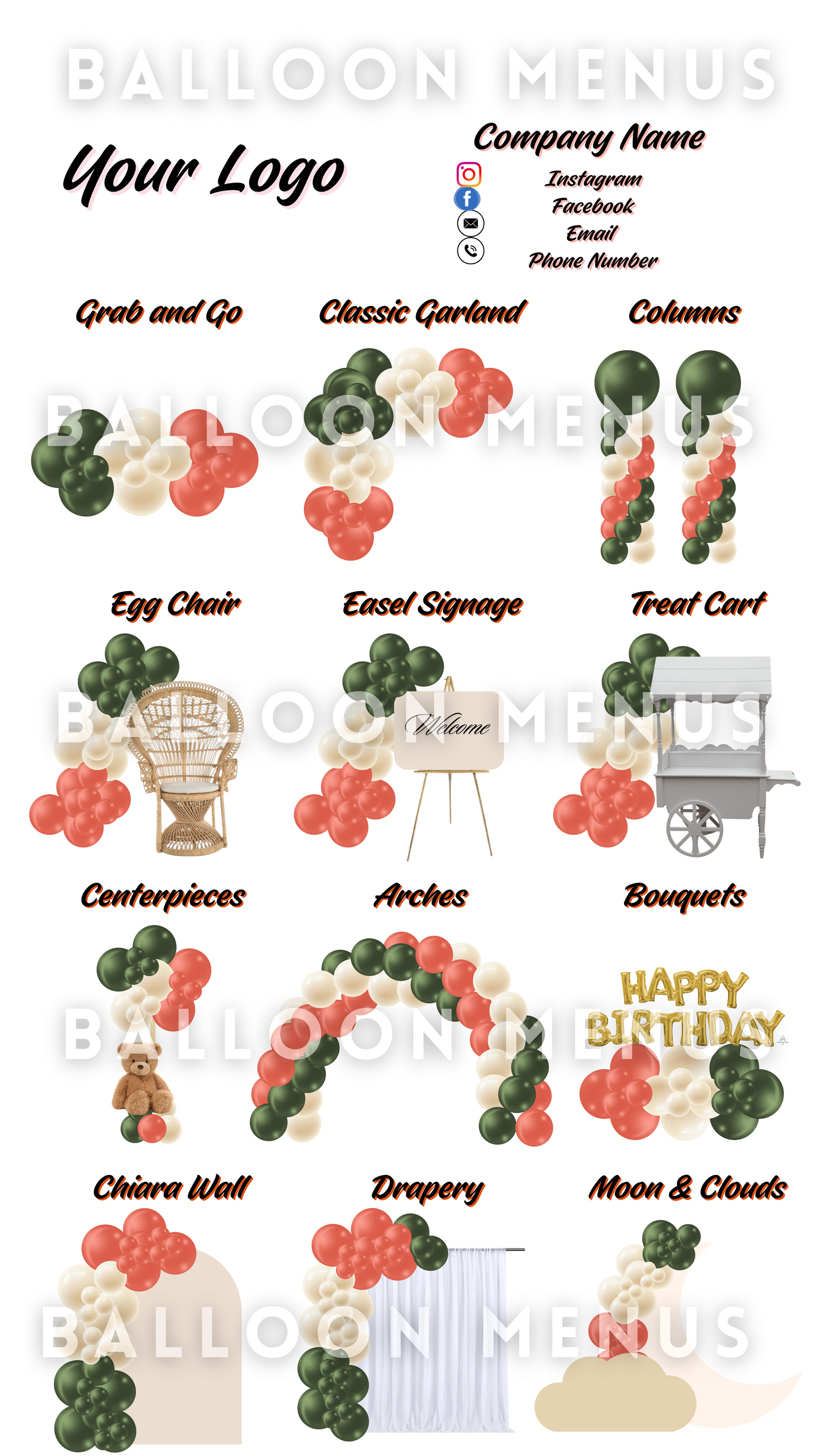 Premade Editable large Balloon Menu (Cream, Terracotta,Forest Green)