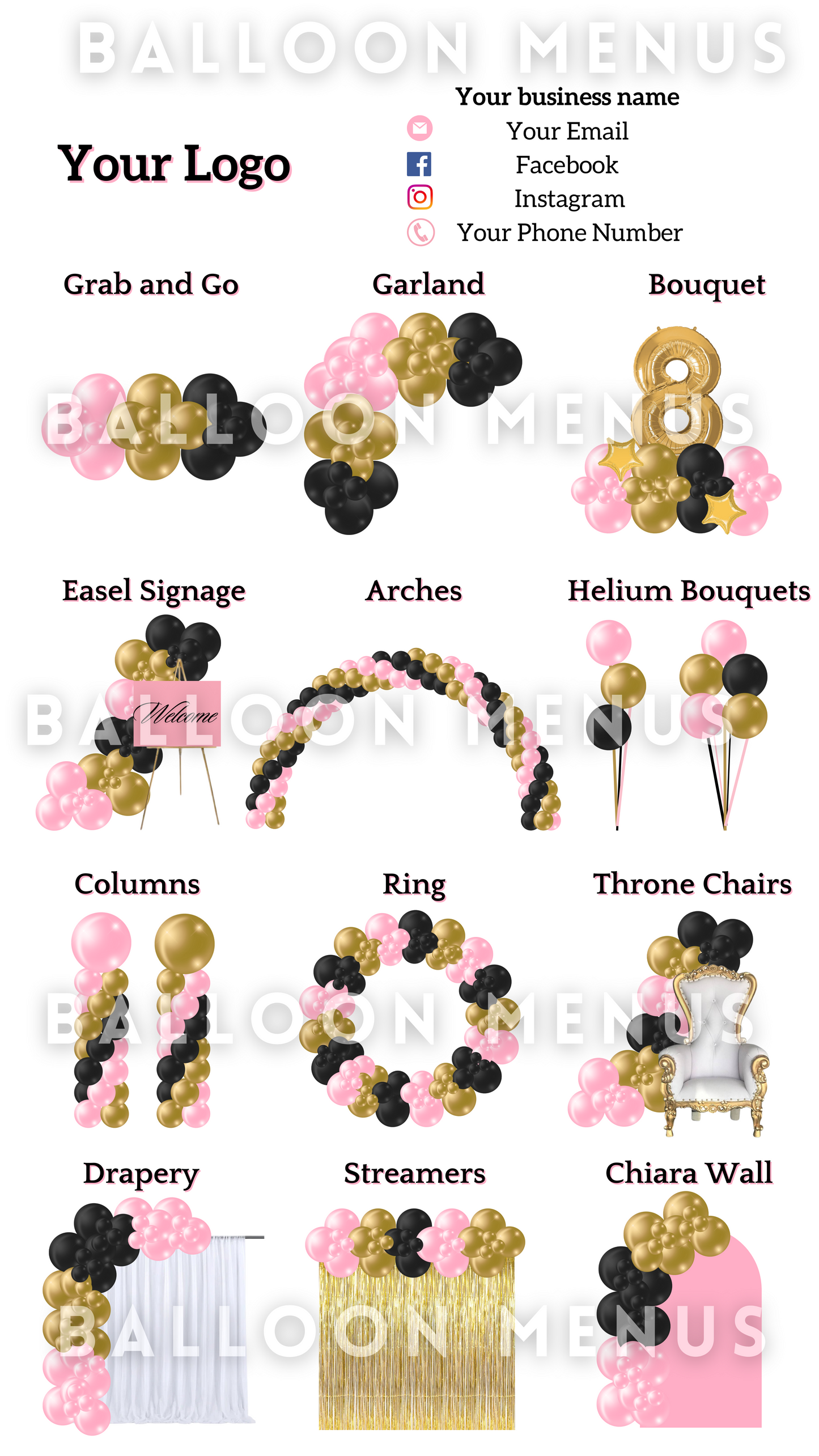 Premade Editable large Balloon Menu (Pink , Gold, Black )