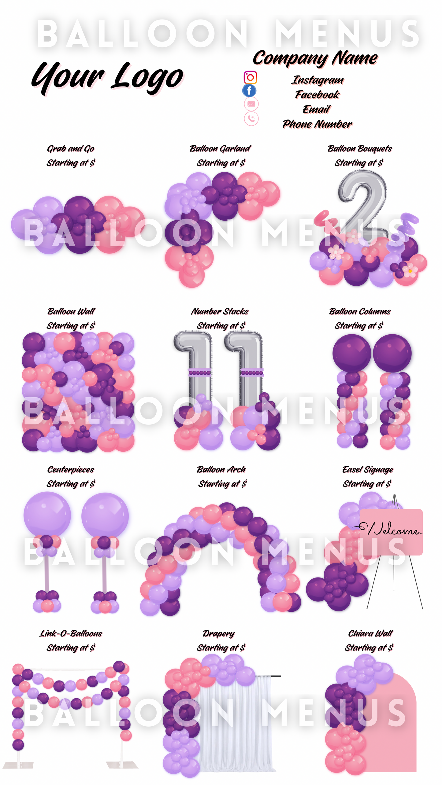 Premade Editable large Balloon Menu (Pink , Purple)