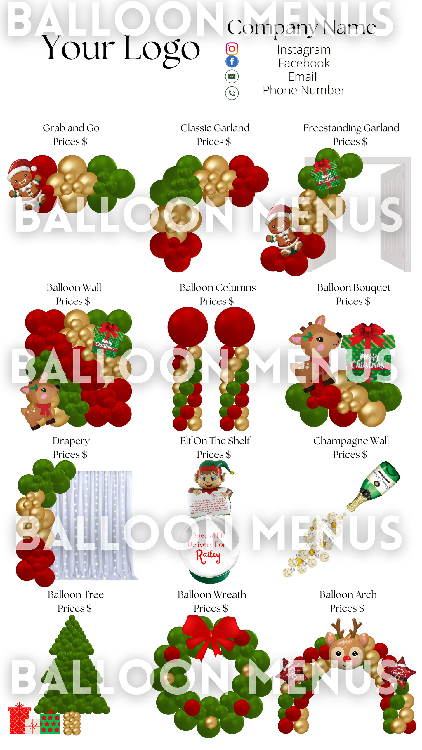 Christmas Editable Premade Large Balloon Menu (Red, Green and Gold)
