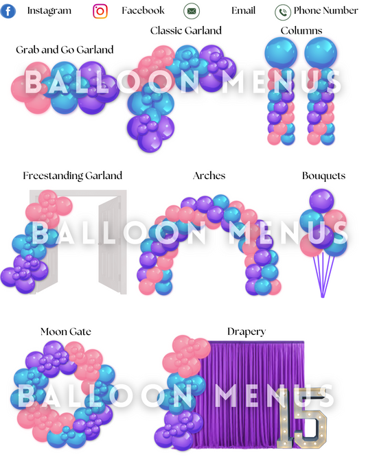Premade Editable Medium Balloon Menu (Purple, Blue, Pink)