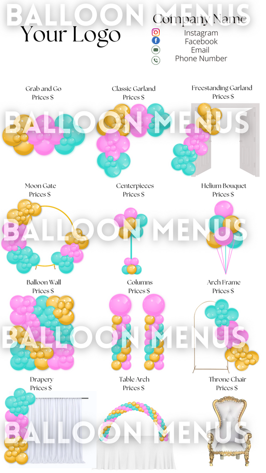 Premade Editable Large Balloon Menu (Yellow, Pink, Blue)