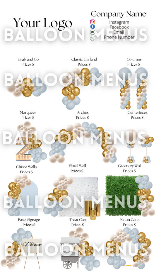 Premade Editable large Balloon Menu (Blue,Cream, Gold )