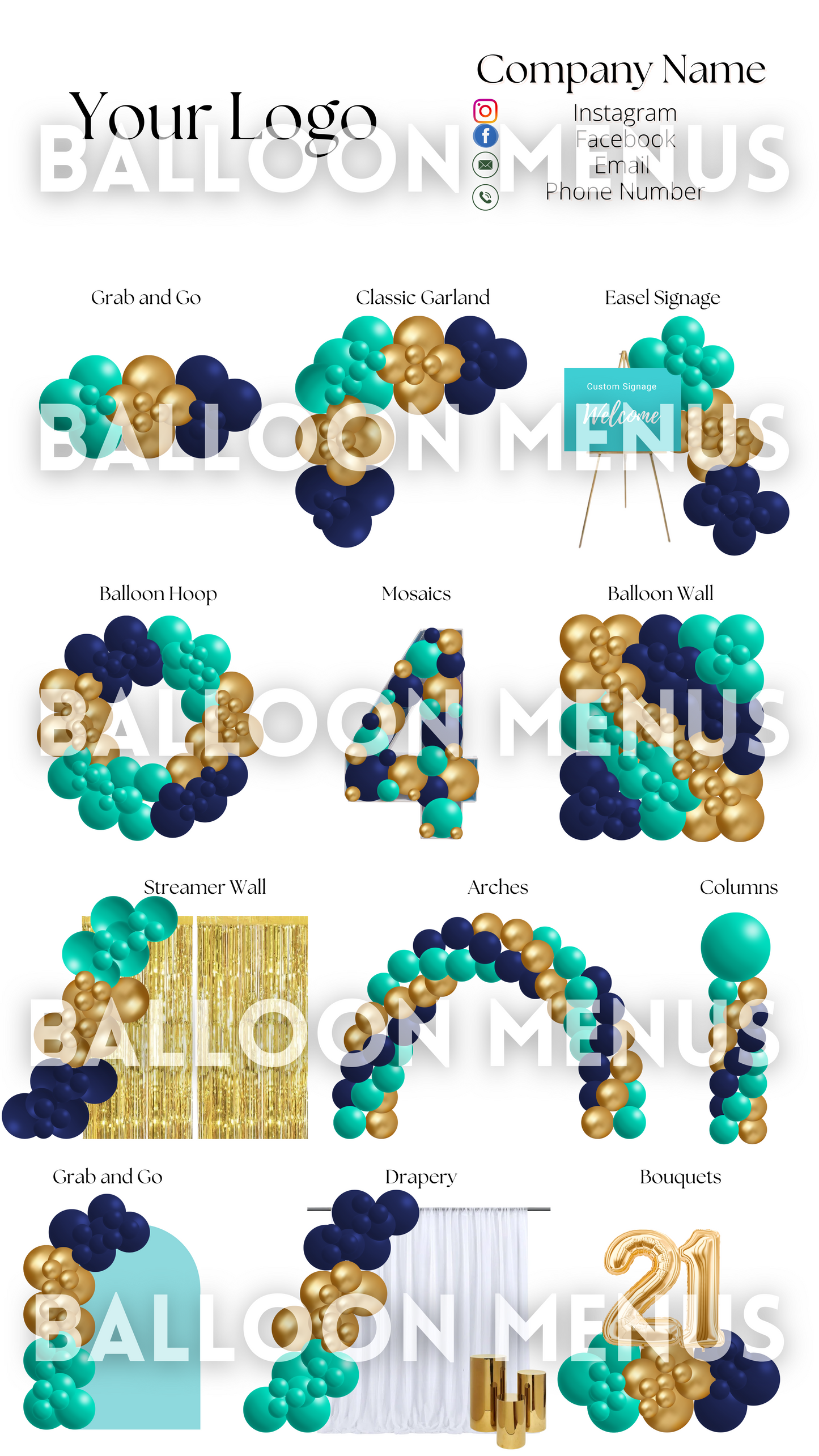 Premade Editable Large Balloon Menu- (Navy, Green, Gold)