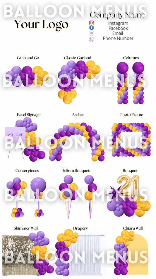 Premade Editable Large Balloon Menu- (Yellow, Purple)