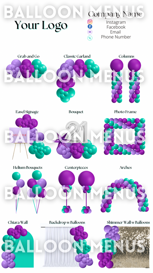 Premade Editable Large Balloon Menu- (Green, Purple)