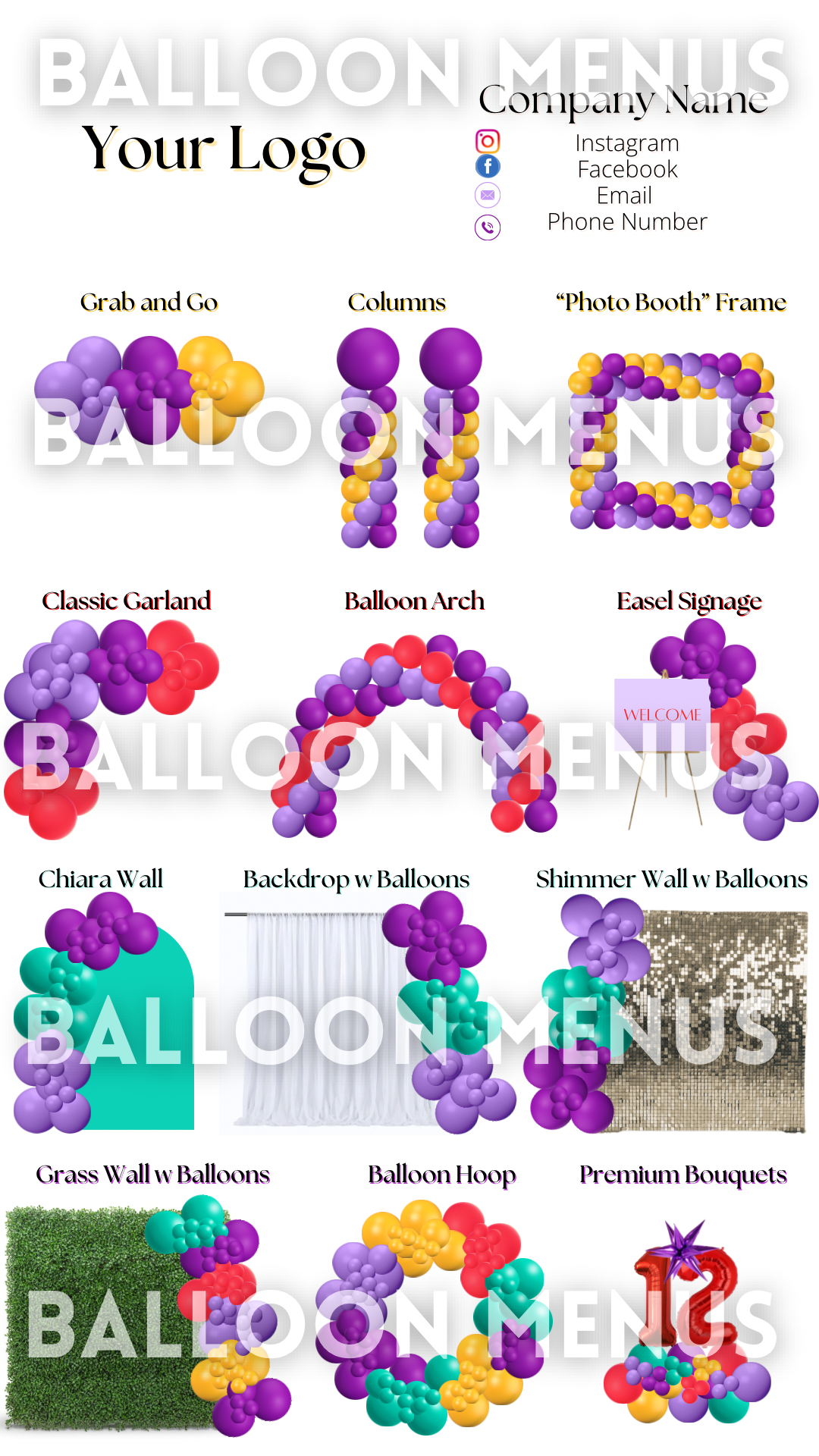 Premade Editable Large Balloon Menu- (Green, Red, Yellow, Purple)