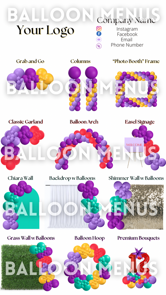 Premade Editable Large Balloon Menu- (Green, Red, Yellow, Purple)