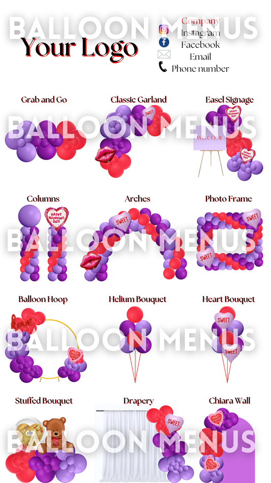 Valentine’s Day Seasonal Premade Editable Balloon Menu (Purple , Red)