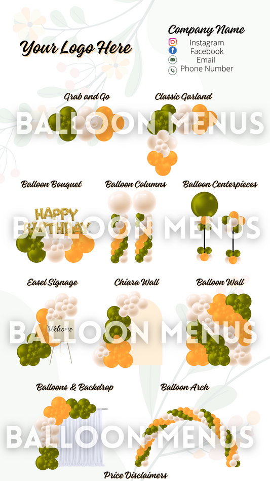 Premade Editable large Balloon Menu (Orange, Green, Cream)