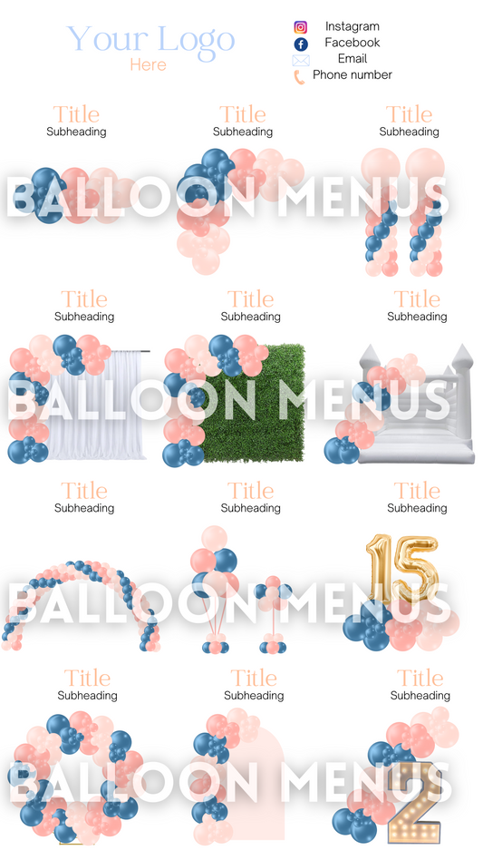 Premade Editable large Balloon Menu (Blue, Peach, Pink)