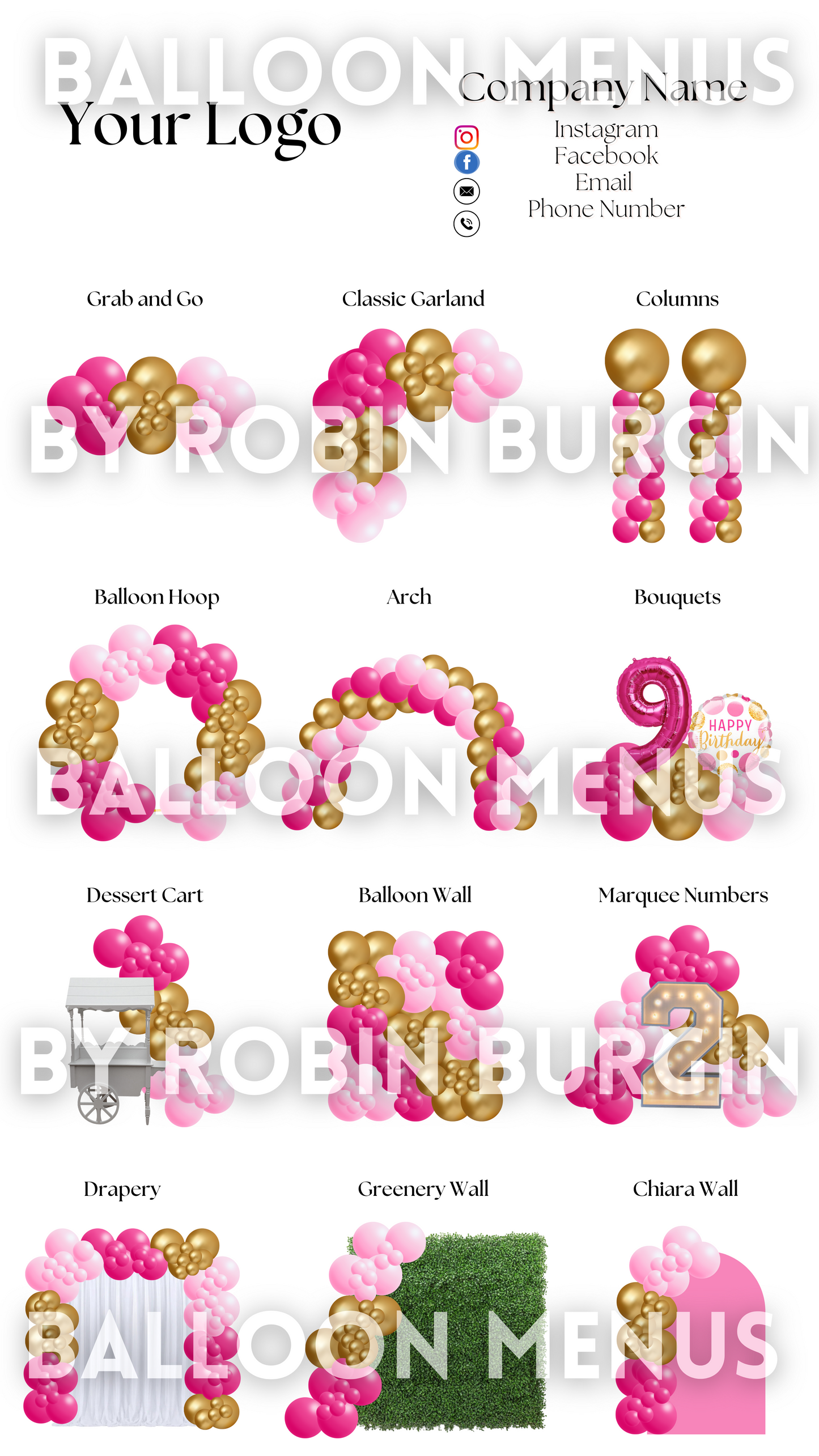Premade Editable Large Balloon Menu- (Pink, Gold )
