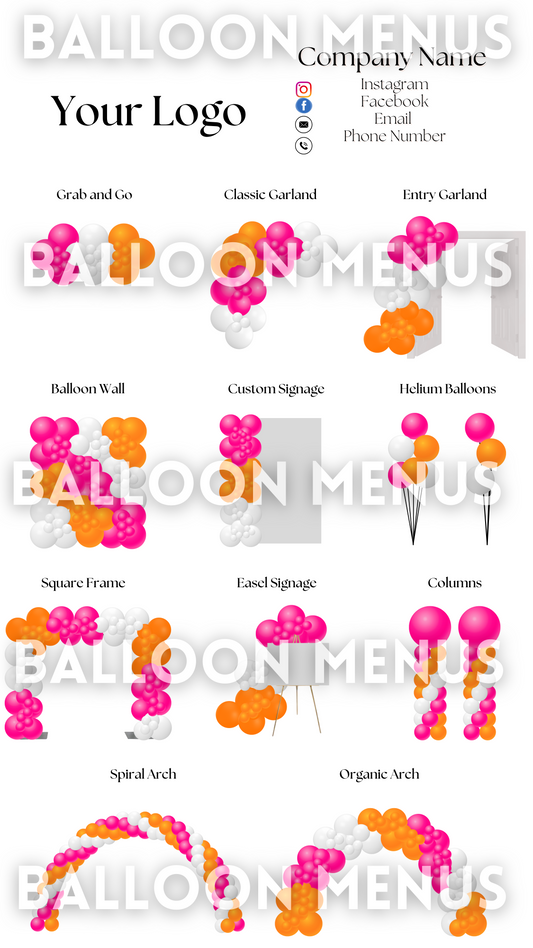Premade Editable Large Balloon Menu- (Pink, White, Orange)