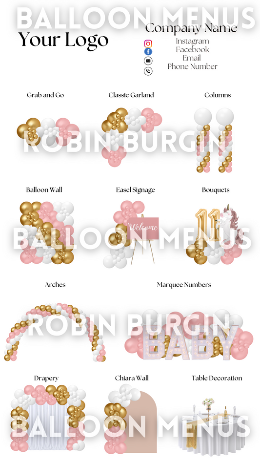 Premade Editable Large Balloon Menu- (Pink, White, Gold )