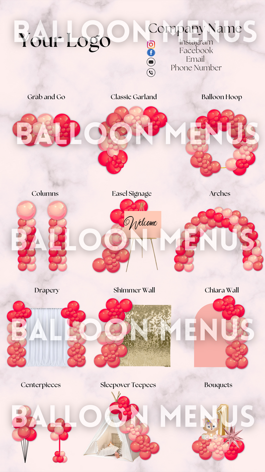 Premade Editable Balloon Menu- ( Red, Pink)