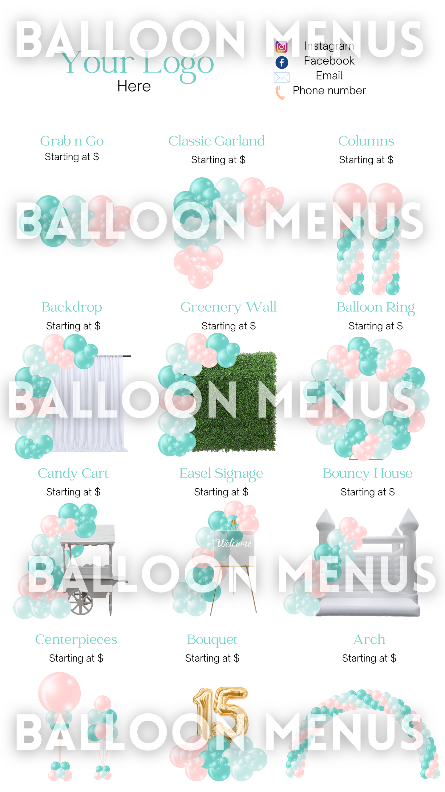 Premade Editable large Balloon Menu (Mint, Pink )