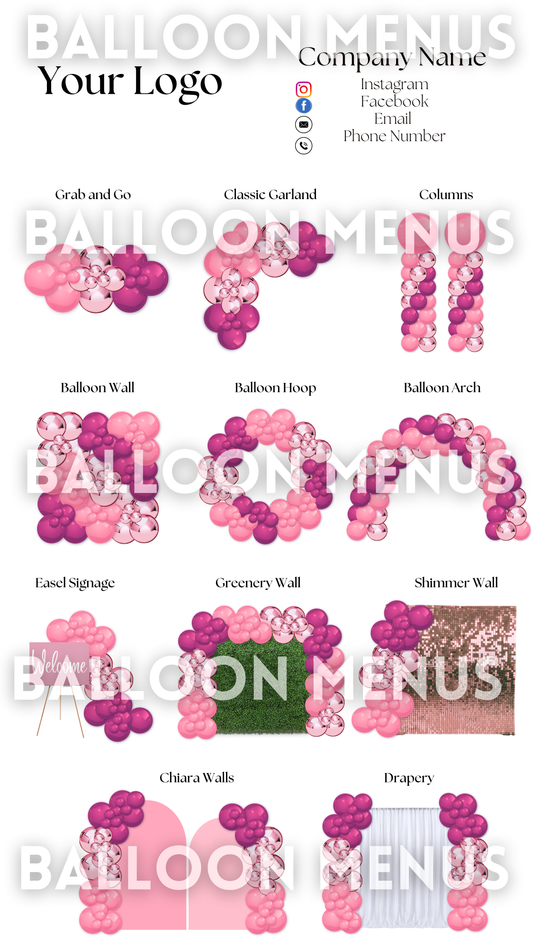 Premade Editable Large Balloon Menu- (Pink, Rose Gold  )