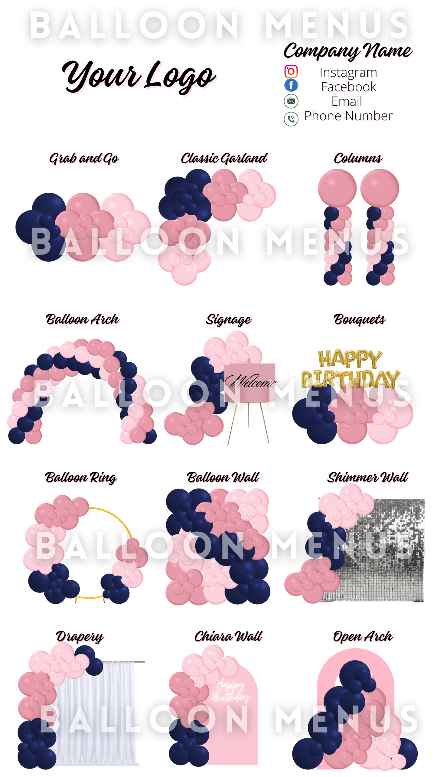 Premade Editable large Balloon Menu (Pink, Navy Blue)