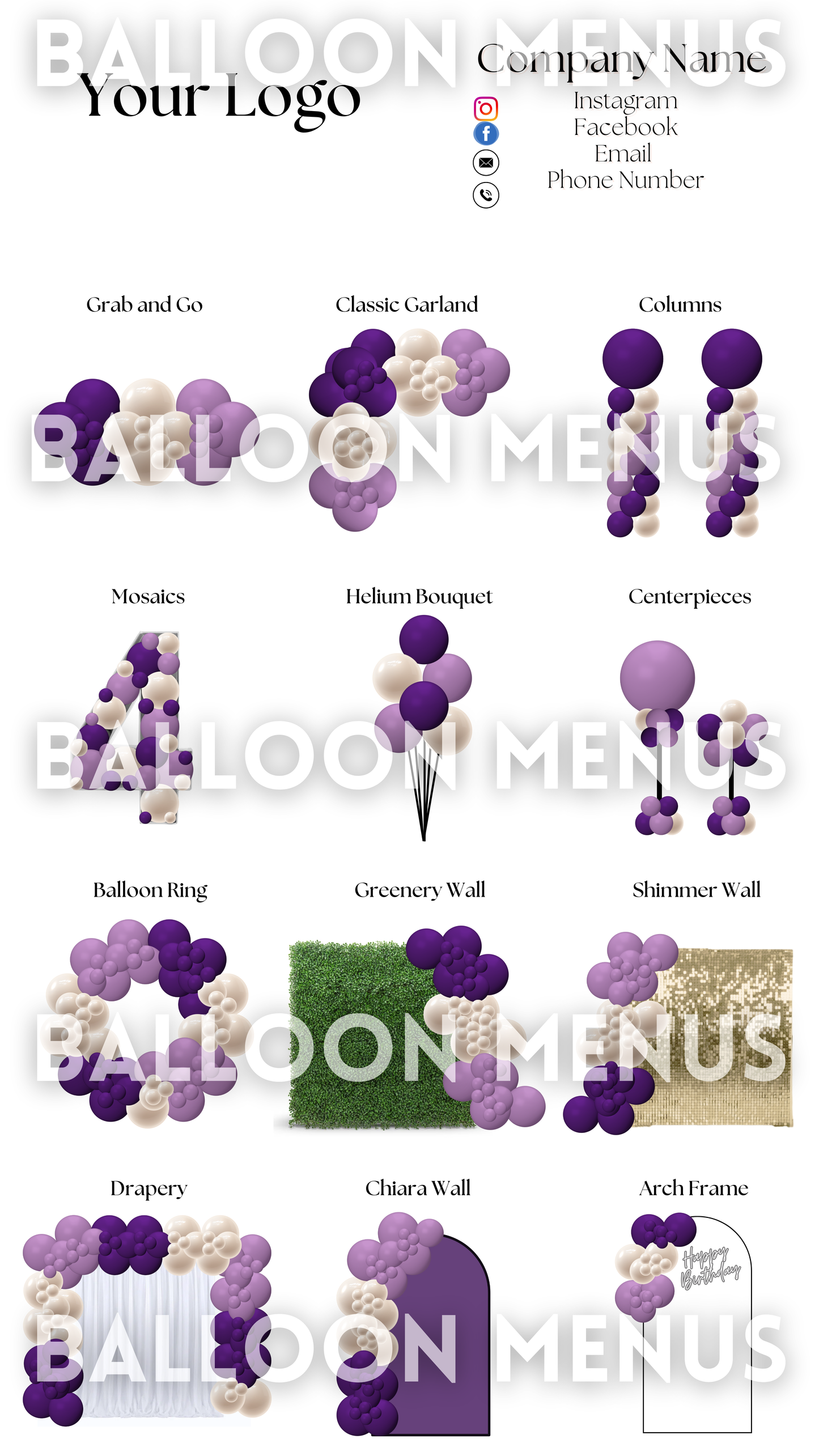 Premade Editable Large Balloon Menu- (Purple  , Beige)