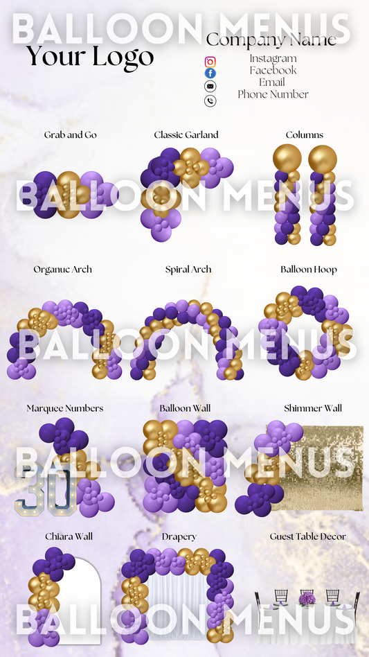 Premade Editable Balloon Menu- ( Purple  and Gold )