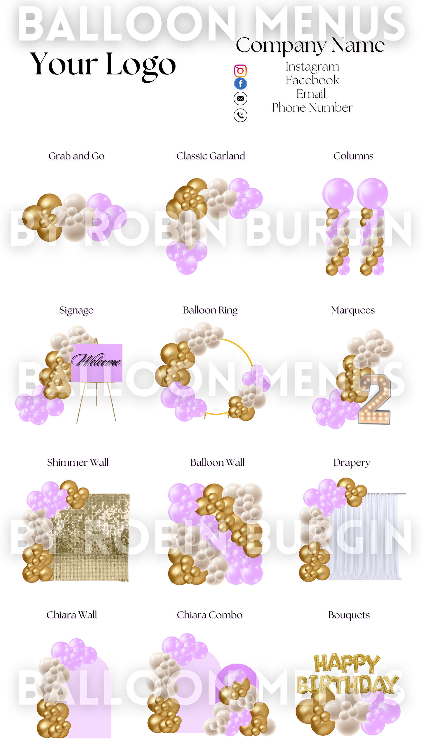 Premade Editable large Balloon Menu (Purple , Cream, Gold)