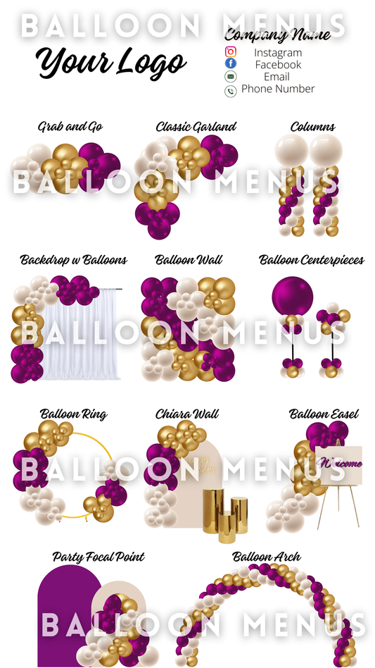 Premade Editable large Balloon Menu (Purple, Gold, Cream)