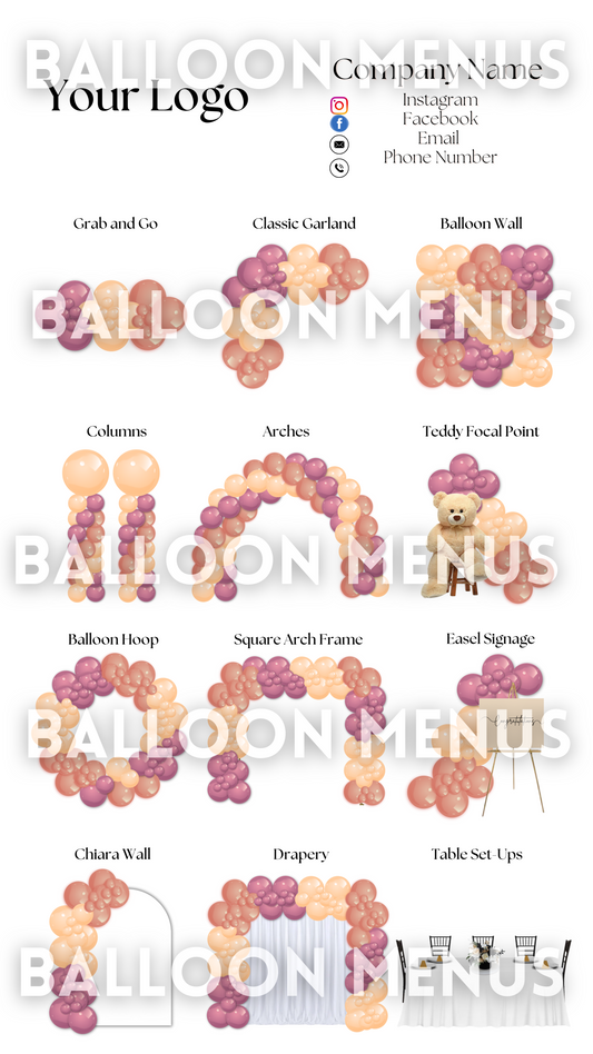 Premade Editable Large Balloon Menu- (Rose Gold , Peach )