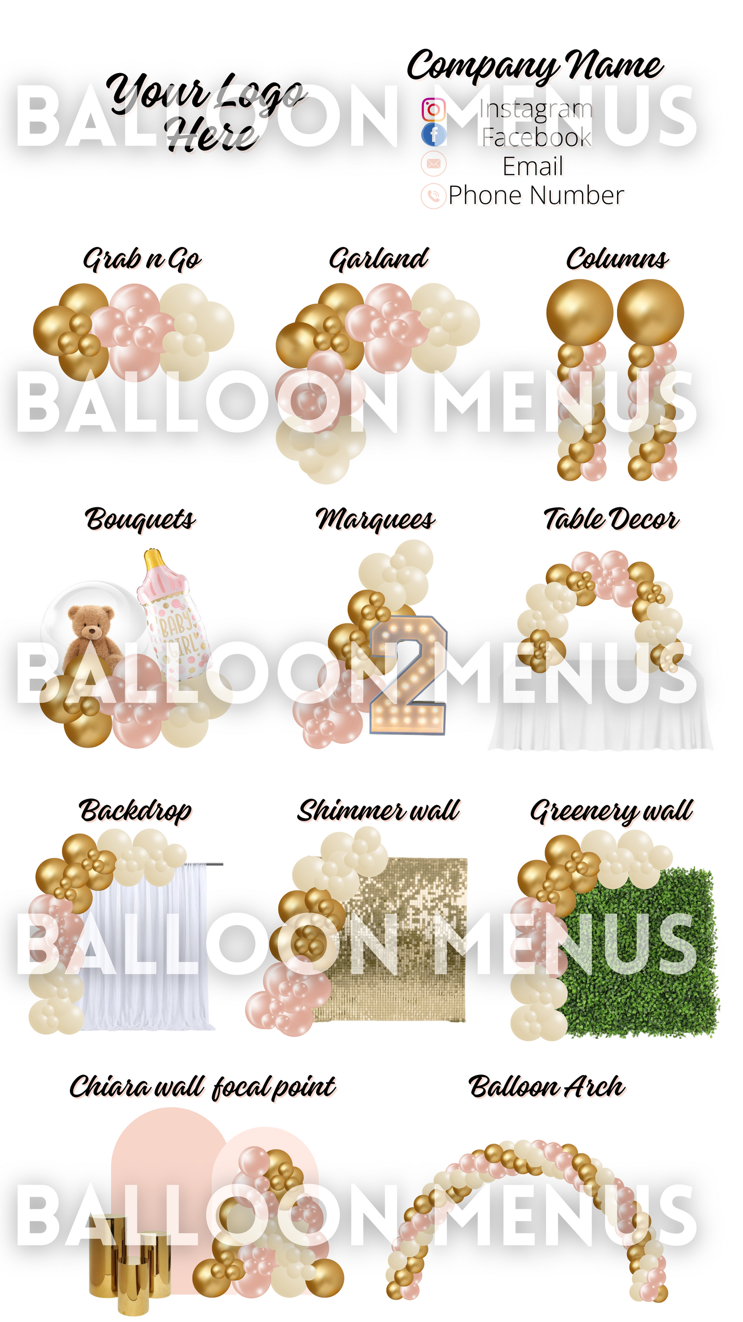 Premade Editable Balloon Menu - Rose Gold, Cream