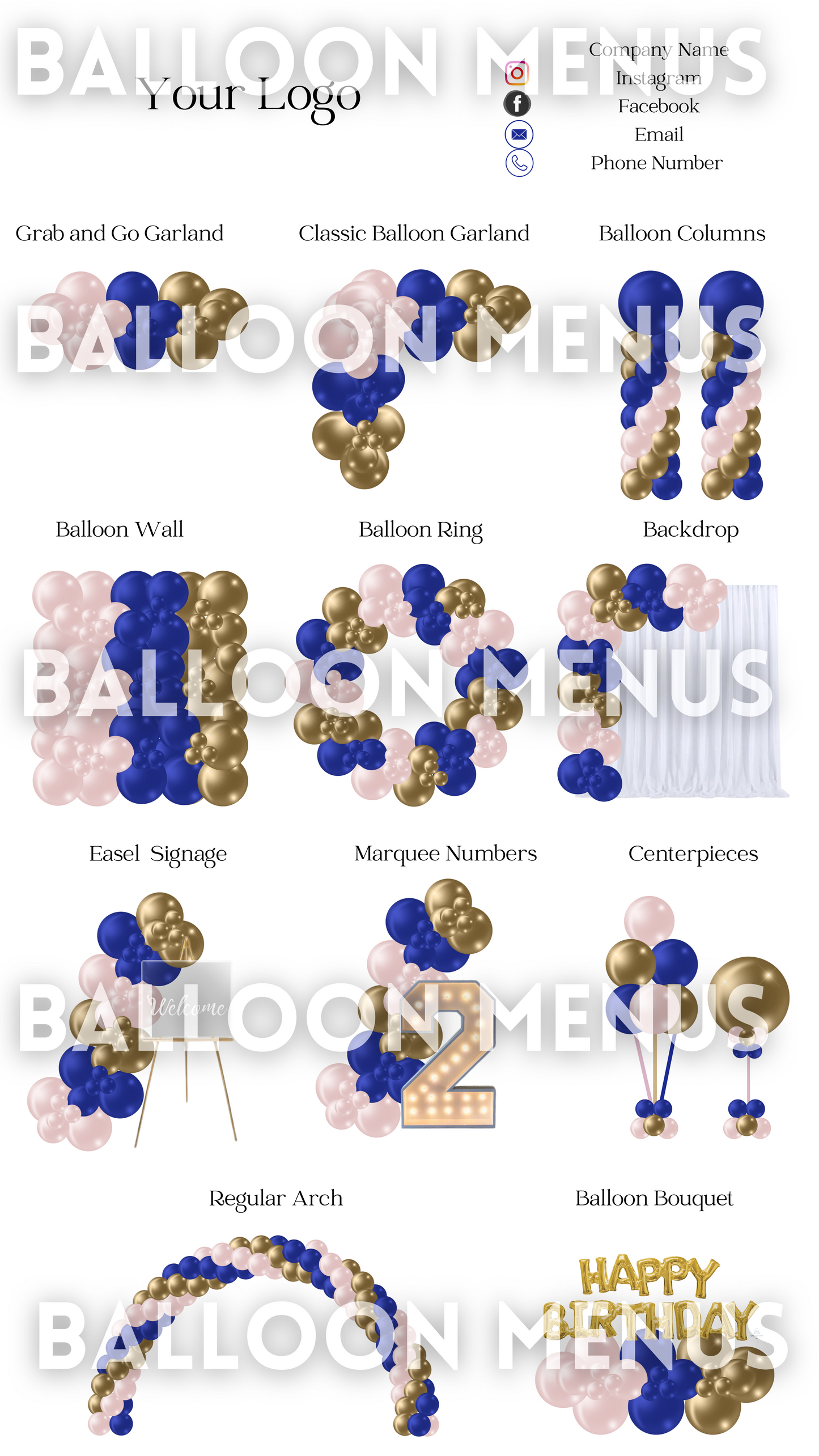 Premade Editable Balloon Menu (Royal Blue , Pink , Gold)