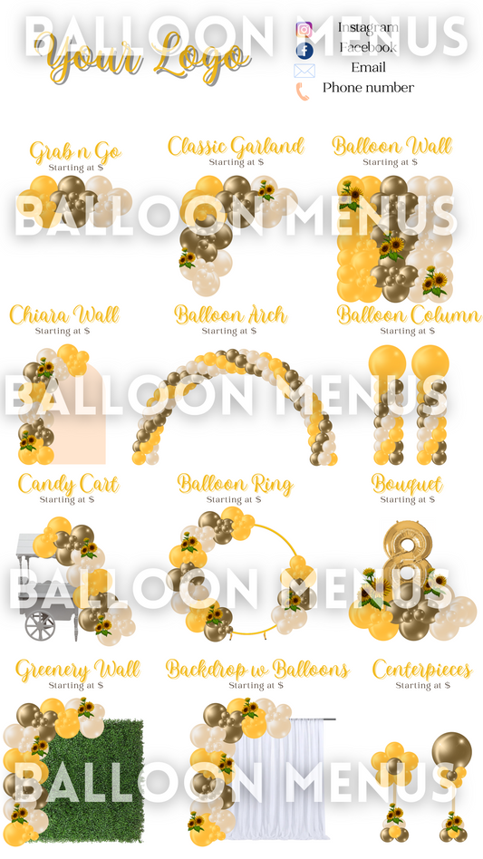 Editable , Printable , Shareable Balloon Menu Template- Sunflower