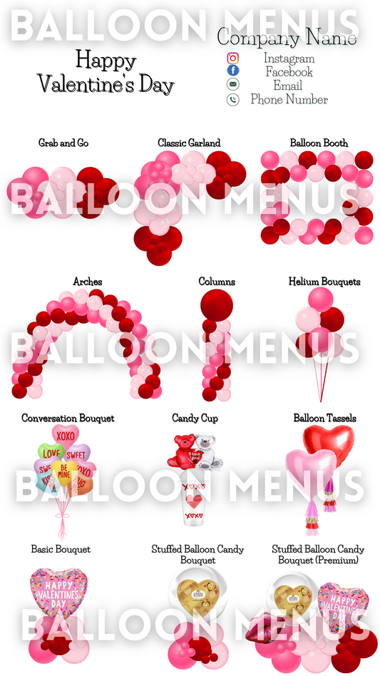 Valentine’s Day Seasonal Premade Editable Balloon Menu