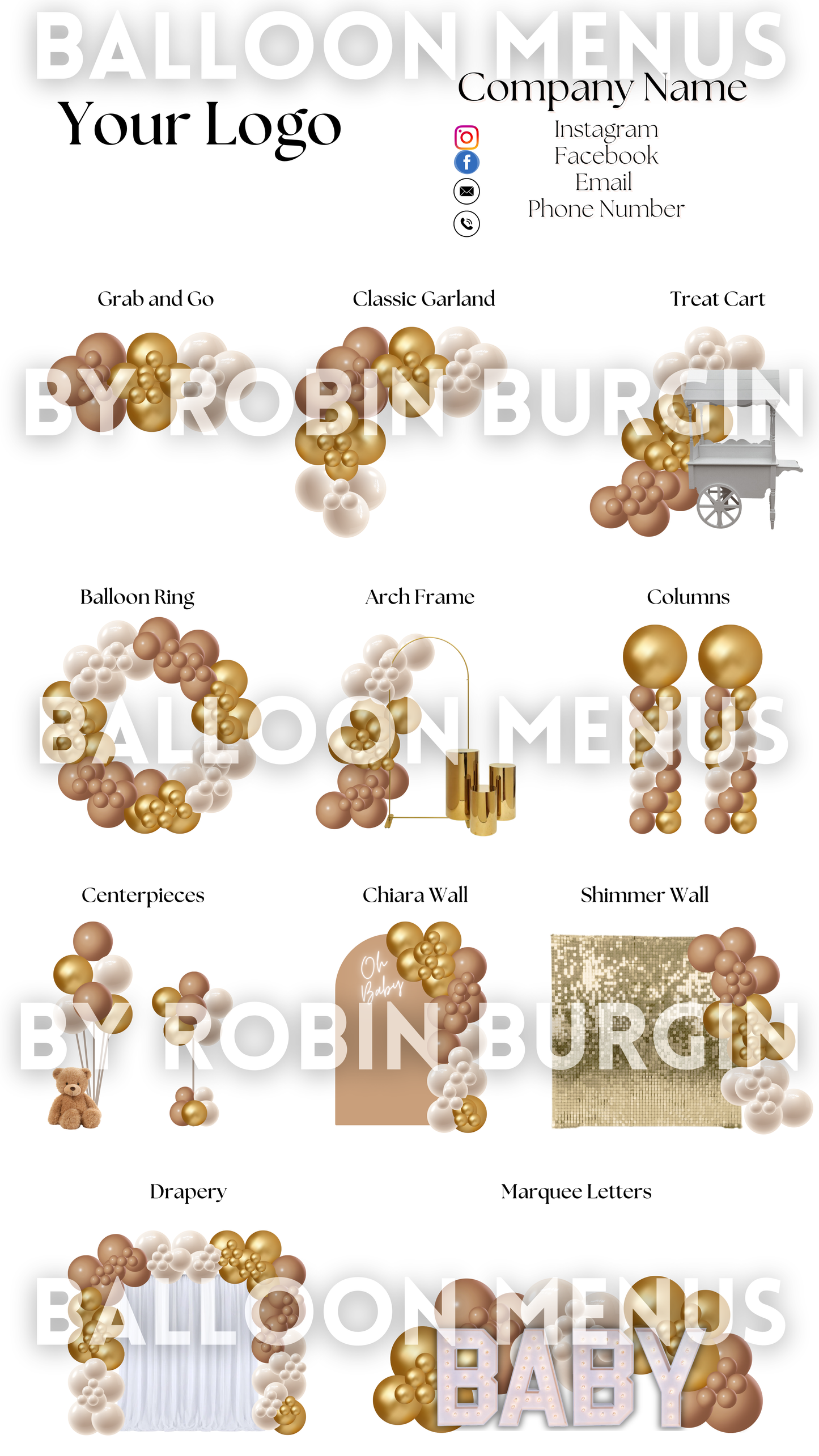 Premade Editable Large Balloon Menu- (Brown, Beige, Gold)