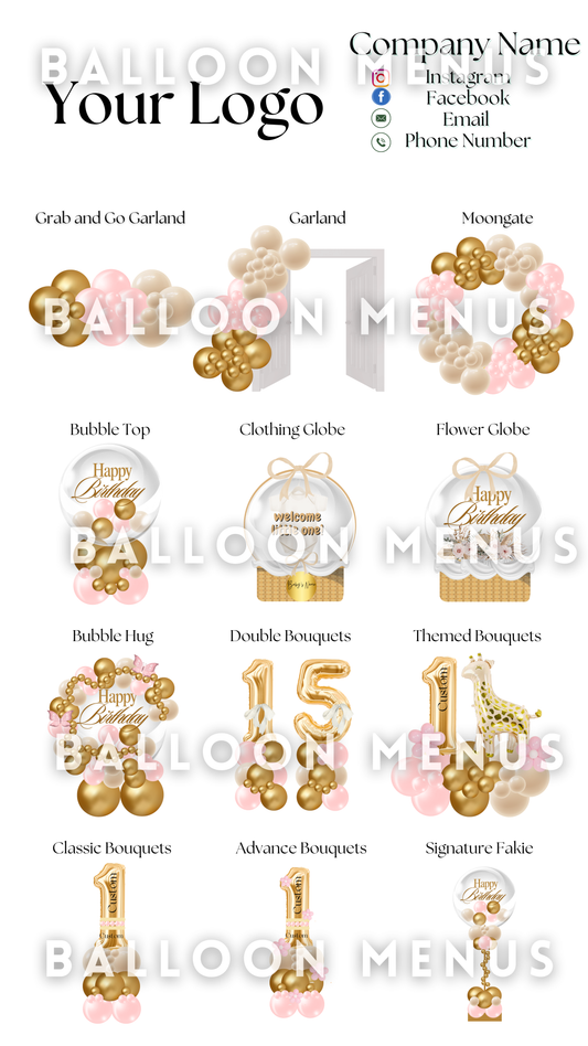 Premade Editable large Balloon Menu (Pink, Cream, Gold)