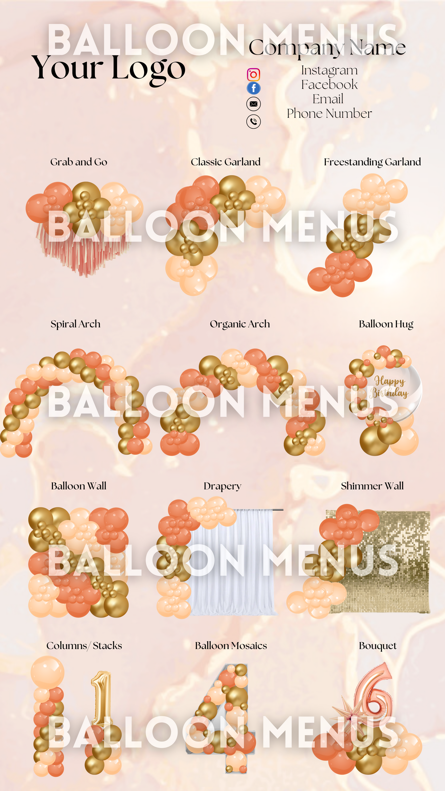 Premade Editable Large Balloon Menu- (Orange, Gold)