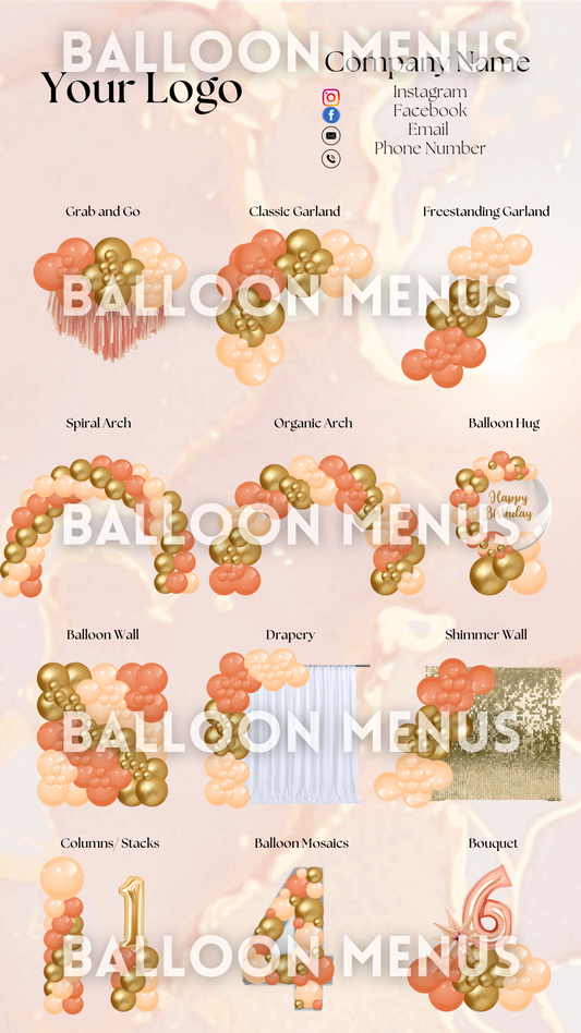 Premade Editable Large Balloon Menu- (Orange, Gold)